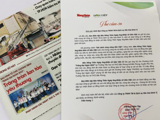 Báo Nông thôn ngày nay/Báo điện tử Dân Việt gửi Thư cảm ơn tới Đinh Tị Books