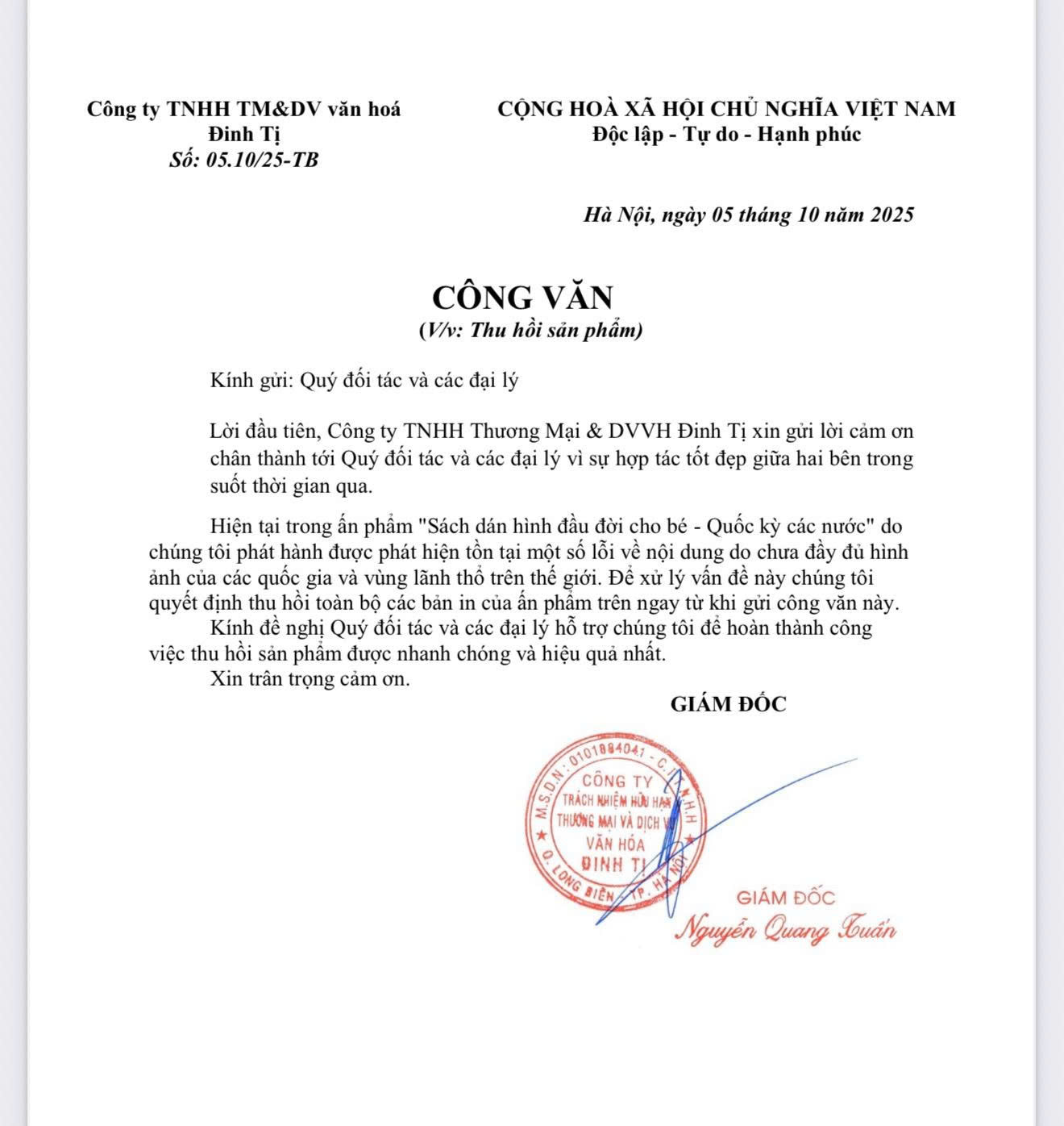 THÔNG CÁO VỀ NỘI DUNG LIÊN QUAN ĐẾN ẤN PHẨM THIẾU QUỐC KỲ PALESTINE